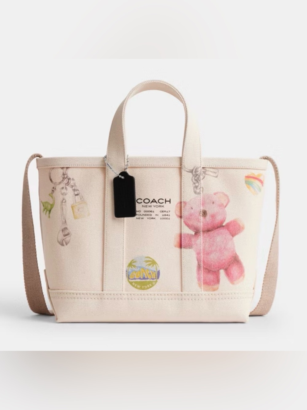 🩷Coach NWT Canvas Utility Tote 27 with Pink Teddy‎ Bear Sketch Print